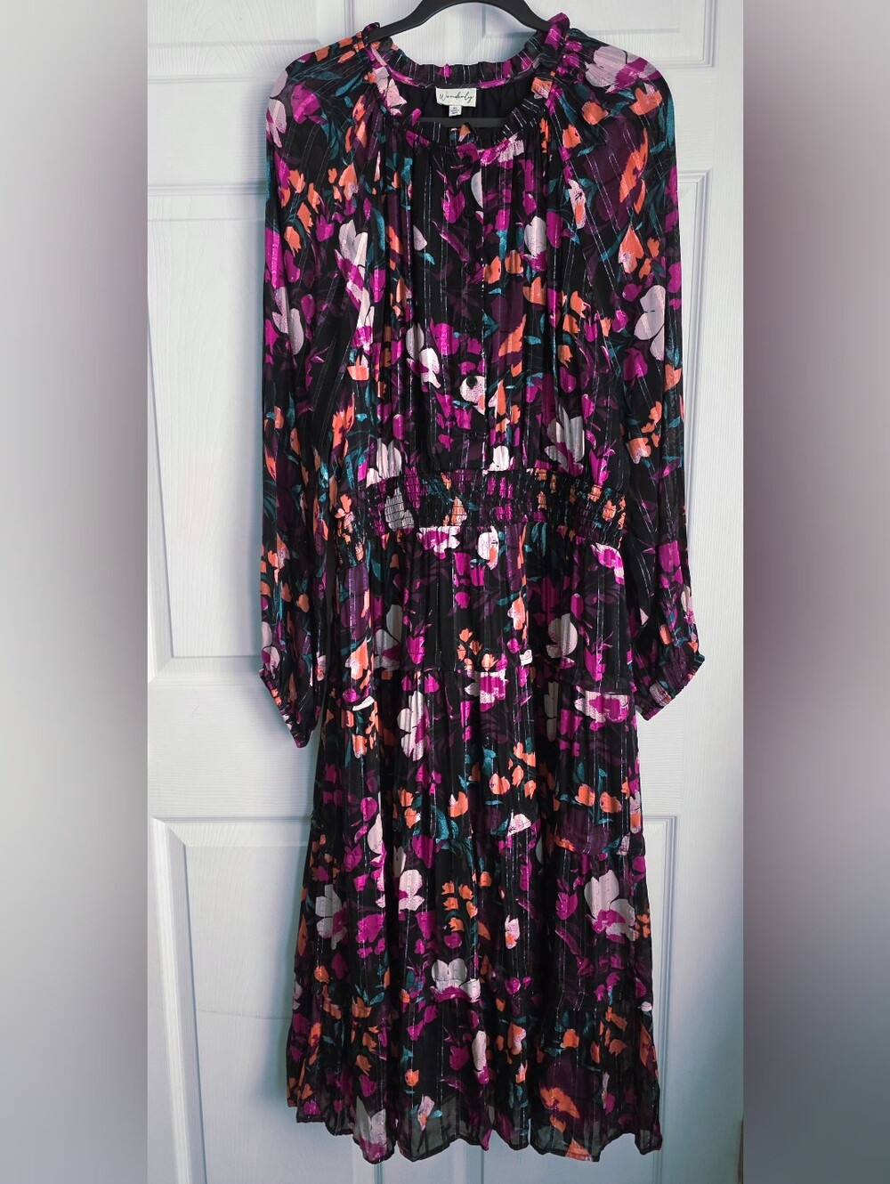 Wonderly Smocked Waist Floral Tiered Midi Dress XL Shimmer Button Front